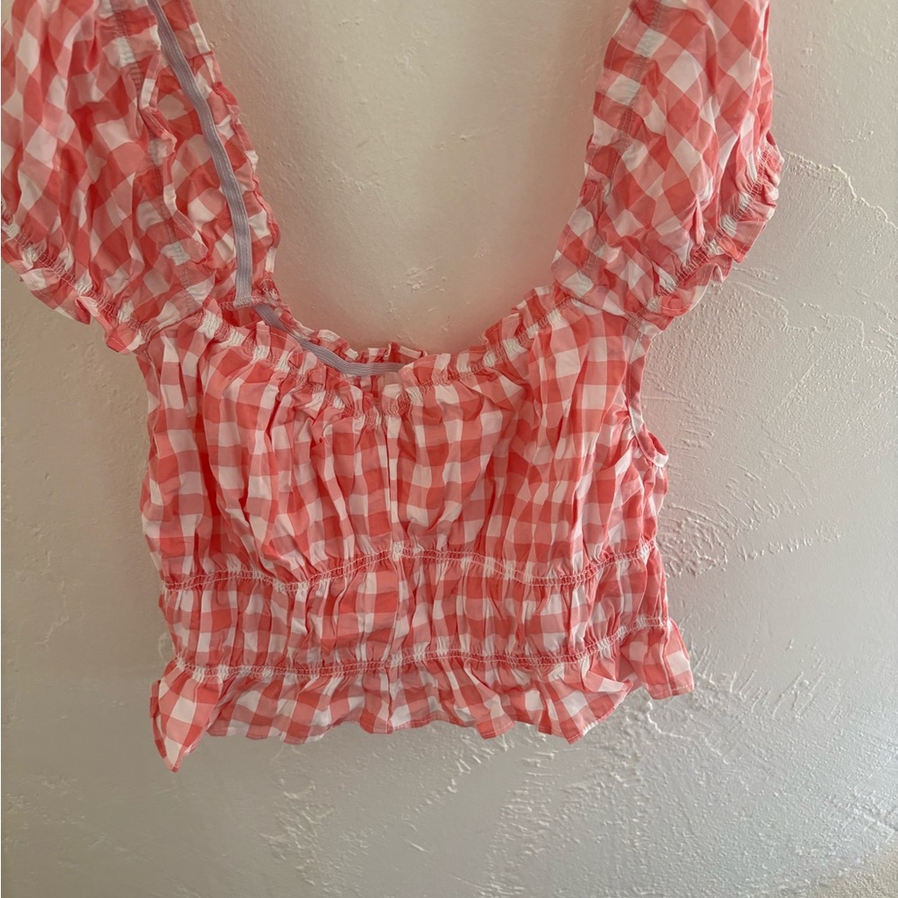 Gingham Puff Sleeve Top in Pink